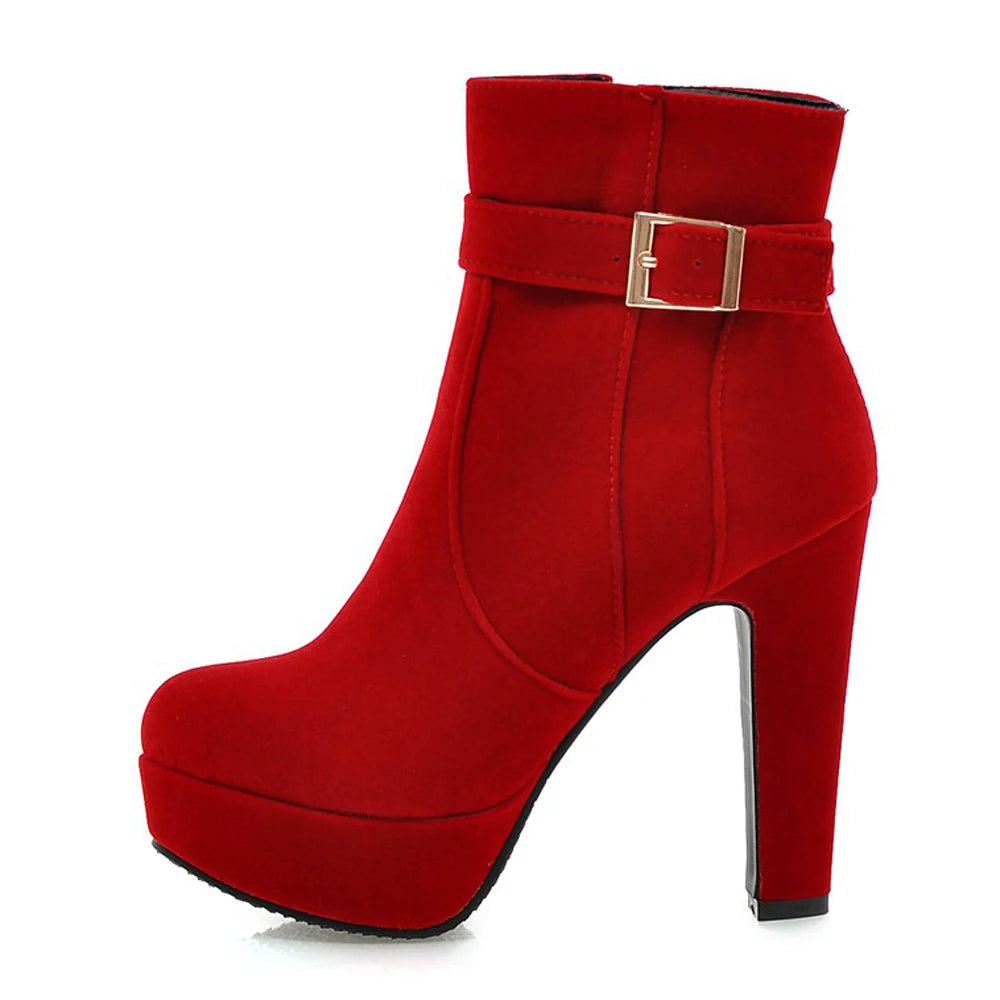 Women Sexy Ankle Heels Boots, Fashion Round Toe Buckle