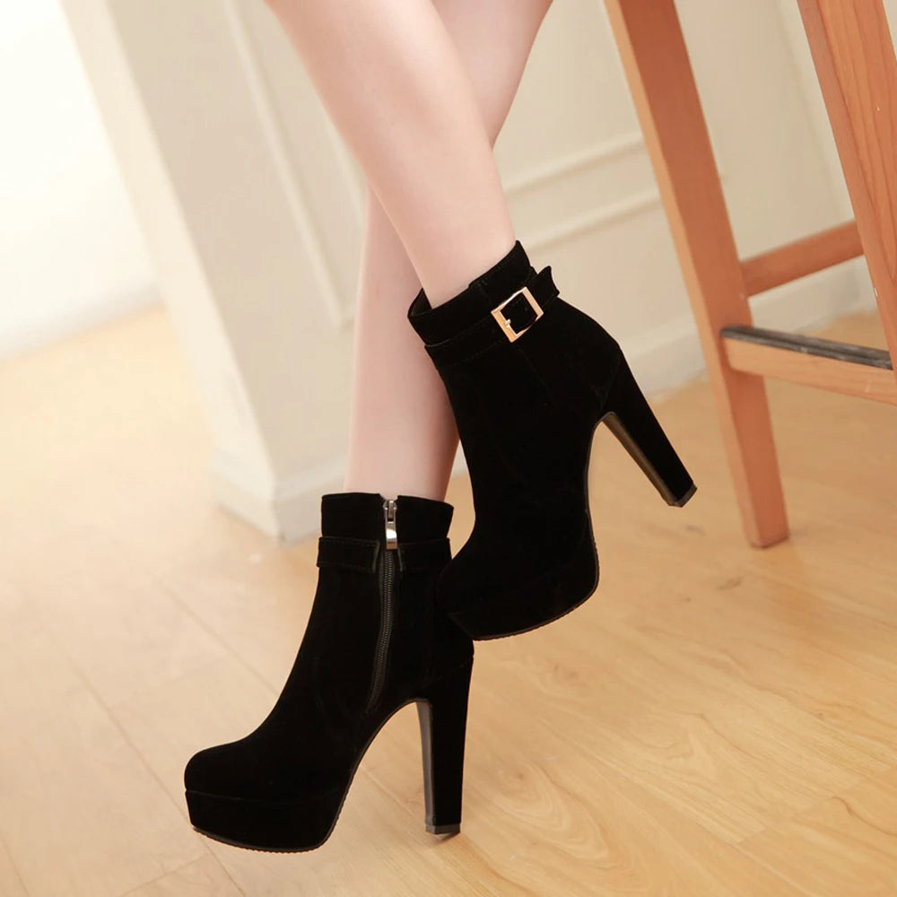 Women Sexy Ankle Heels Boots, Fashion Round Toe Buckle