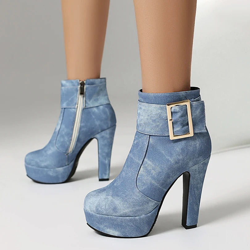 Thick Heel Zipper Ankle Boots Ultra-High Upper Platform
