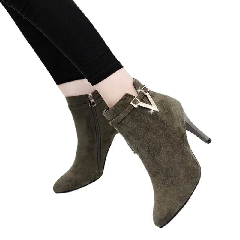 Woman Sexy Ankle Leather Zipper Boot,Pointed High Heels Toe