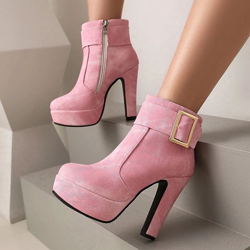 Thick Heel Zipper Ankle Boots Ultra-High Upper Platform