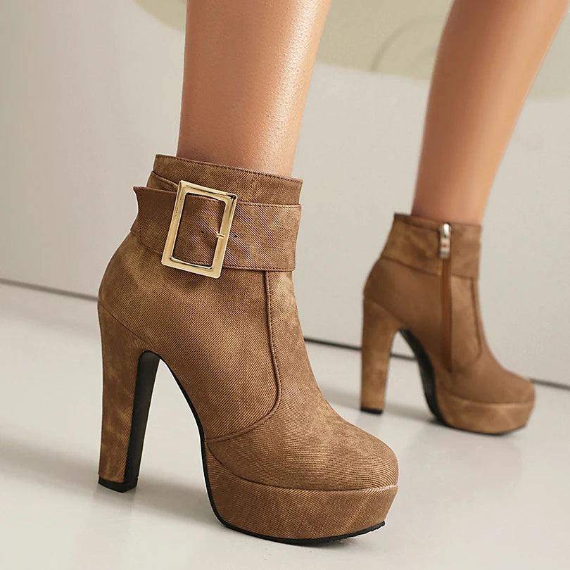 Thick Heel Zipper Ankle Boots Ultra-High Upper Platform